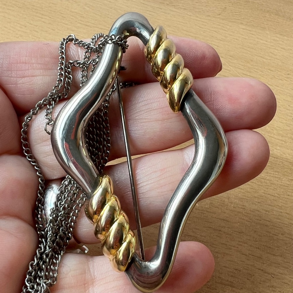 VINTAGE M.JENT OVERSIZED STATEMENT BROOCH PIN PENDANT TWO TONE GOLD SILVER METAL